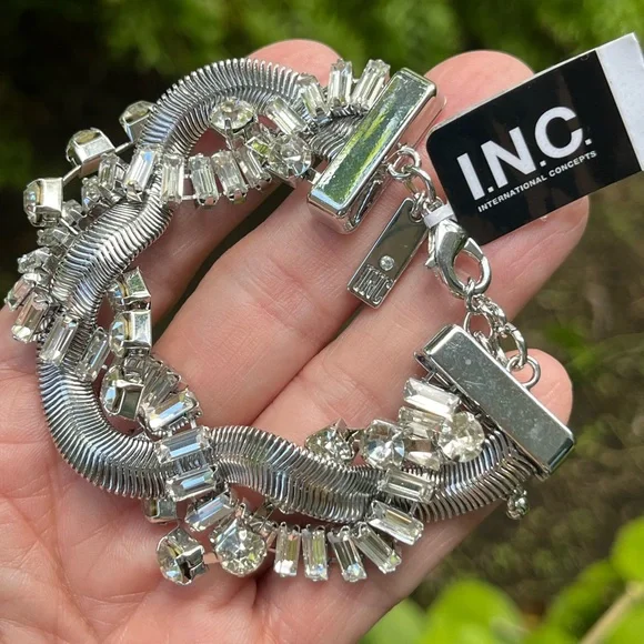 International Concepts Crystal & Snake Chain Twisted Flex Silver Bracelet By INC - Picture 6 of 8